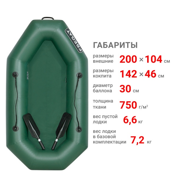 Фрегат М-1 Оптима лайт (200 см) с гребками (Лодка ПВХ гребная) (зеленая)